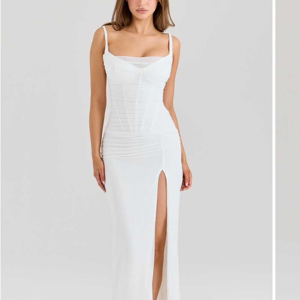 House of CB White Ruched Maxi Dress with Thigh Slit